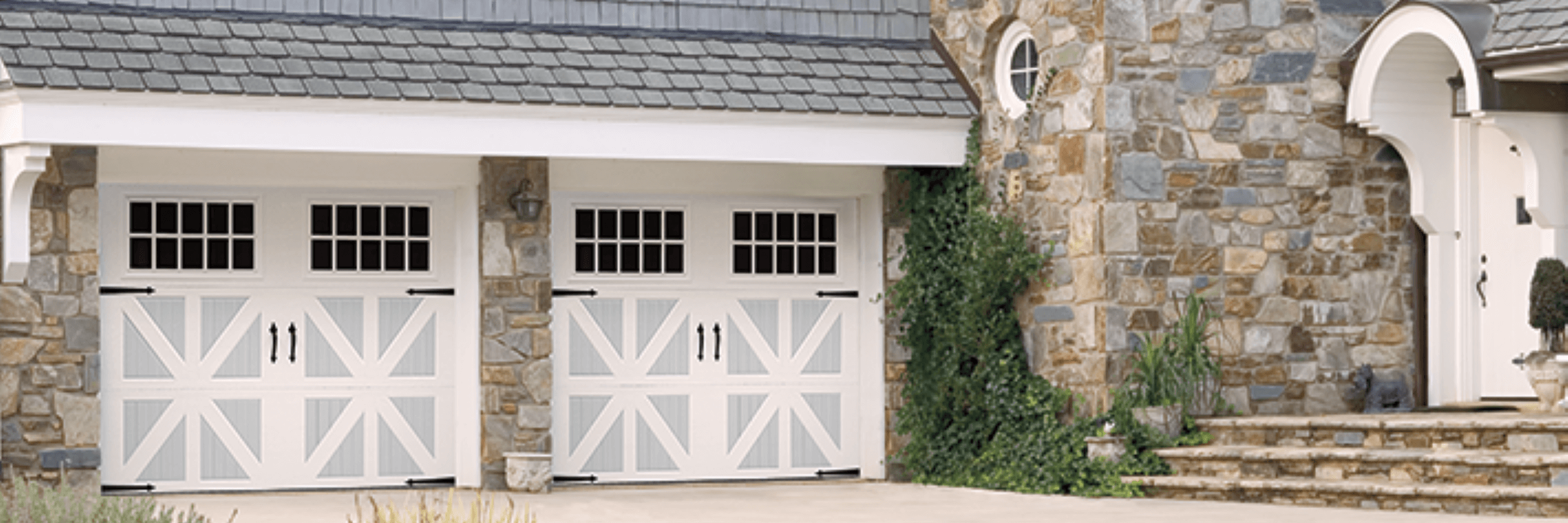 Amarr Classica Santiago Garage Door In True White/Gray With Madeira Windows Banner